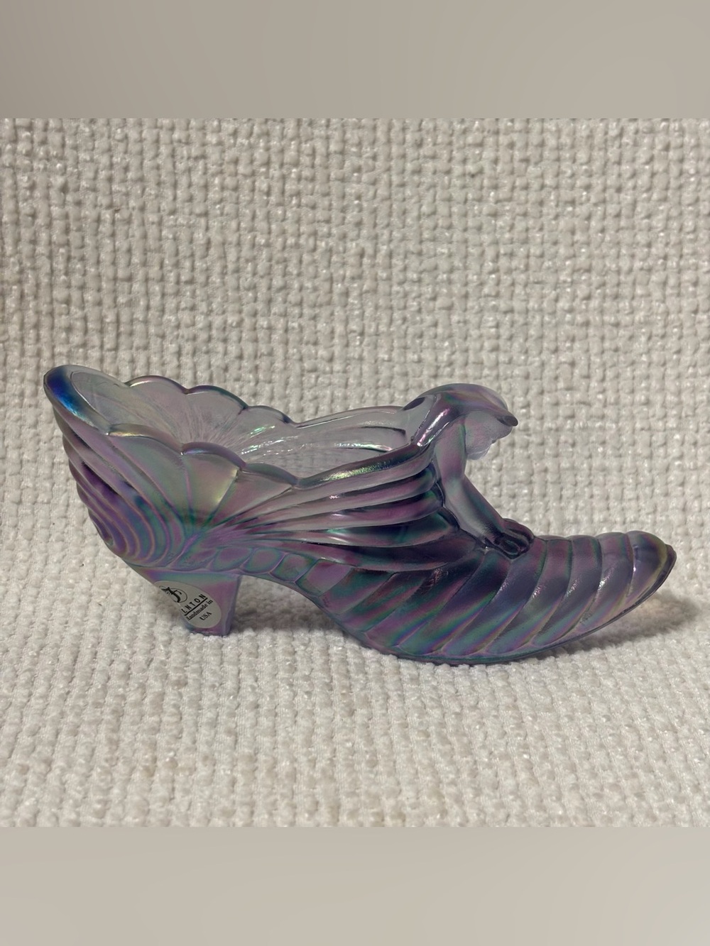 Fenton Carnival Glass Purple Iridescent Slipper Shoe - Cat Head - Picture 4 of 6